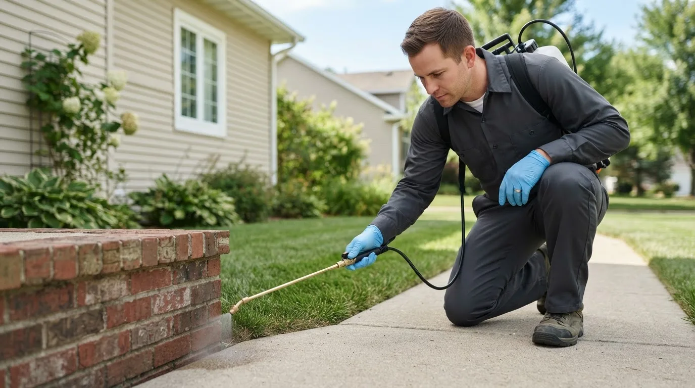 Pest control technician treating a home near Midfield, TX
