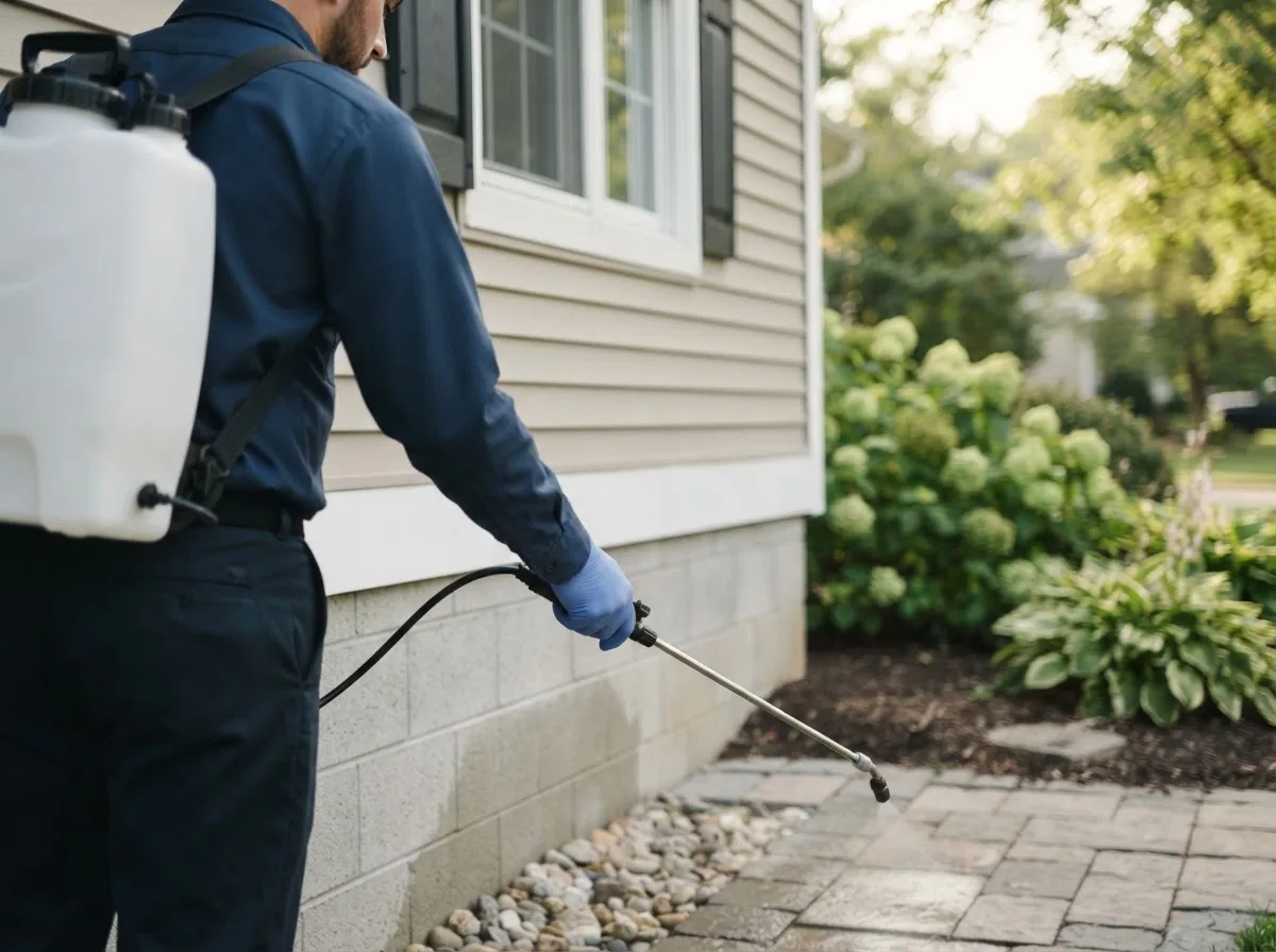 Pest control technician inspecting a home in Midfield, TX